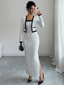 Elenzga Plaid Print Contrast Trim Cami Dress & Jacket - Black and White - View 6