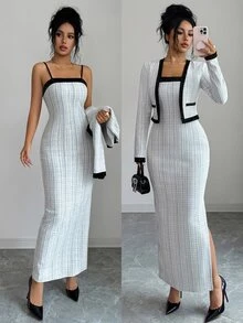 Elenzga Plaid Print Contrast Trim Cami Dress & Jacket - Black and White - View 1
