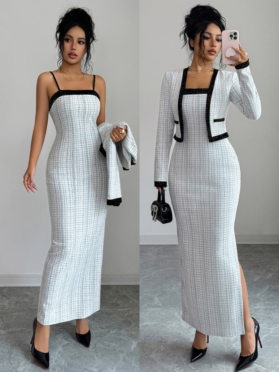 Elenzga Plaid Print Contrast Trim Cami Dress & Jacket - Black and White - View 1