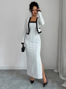 Elenzga Plaid Print Contrast Trim Cami Dress & Jacket - Black and White - View 4