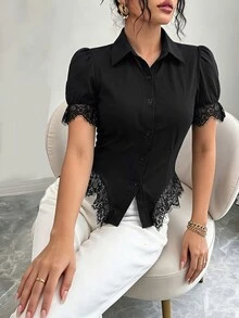Elenzga 女款蕾絲拼接休閒優雅百搭日常穿著上衣 辦公室黑色夏季 - 黑色 - 查看 4