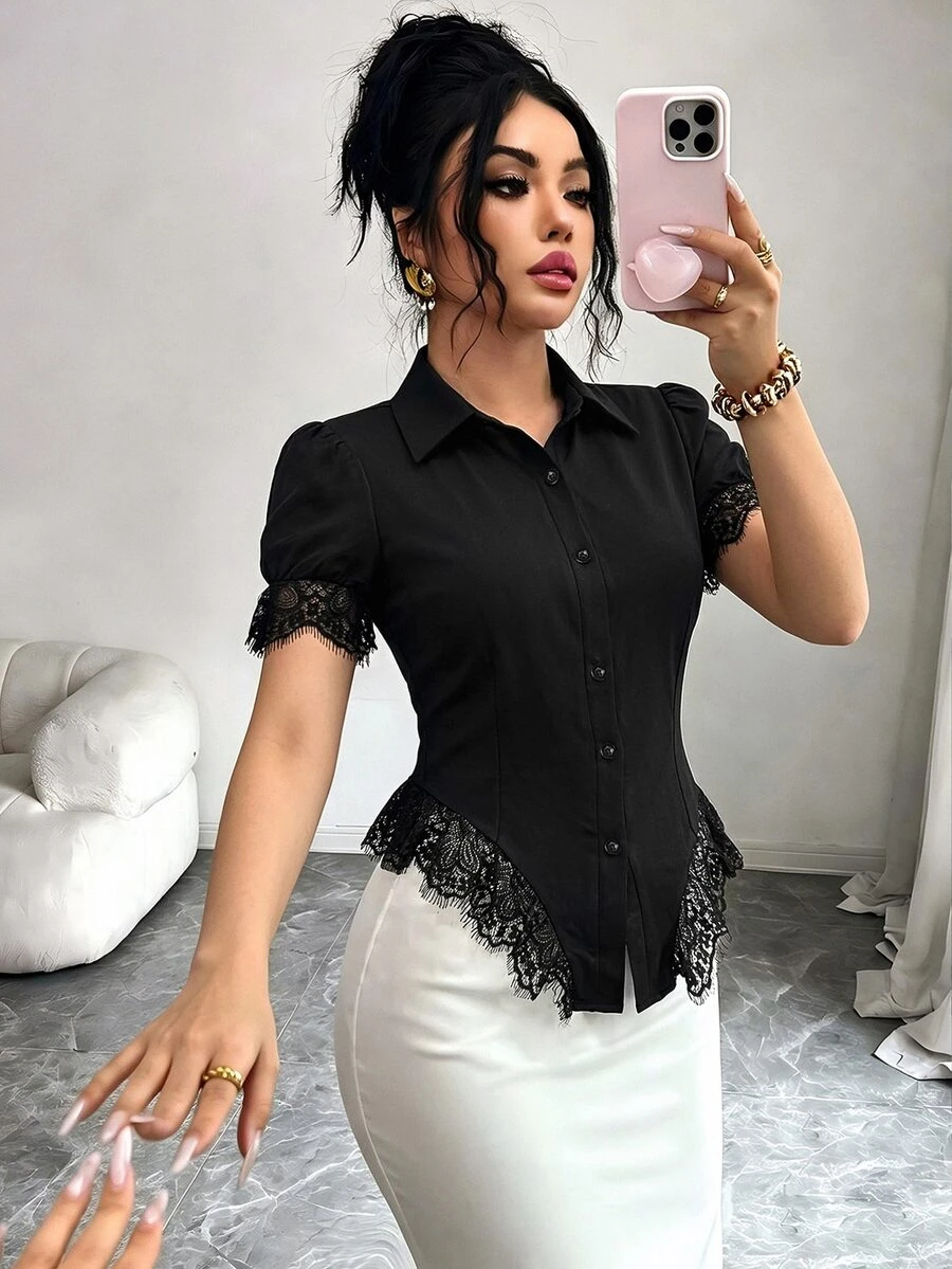 Elenzga 女款蕾絲拼接休閒優雅百搭日常穿著上衣 辦公室黑色夏季 - 黑色 - 查看 1