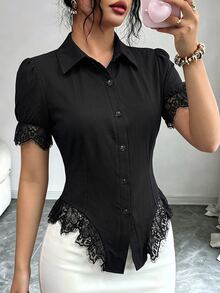 Elenzga 女款蕾絲拼接休閒優雅百搭日常穿著上衣 辦公室黑色夏季 - 黑色 - 查看 6