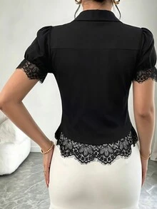 Elenzga 女款蕾絲拼接休閒優雅百搭日常穿著上衣 辦公室黑色夏季 - 黑色 - 查看 3