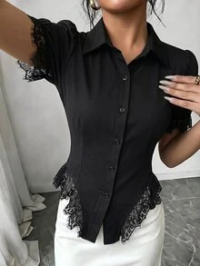 Elenzga 女款蕾絲拼接休閒優雅百搭日常穿著上衣 辦公室黑色夏季 - 黑色 - 查看 5