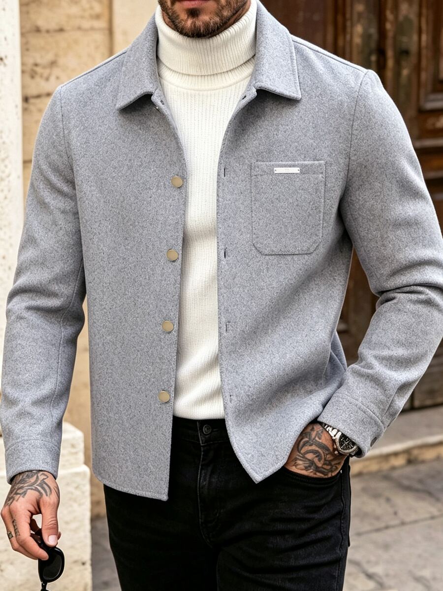 Manfinity Mode Men's Gray Casual Open Front Lapel Shirt Commuter Jacket Wool - Grey - View 1
