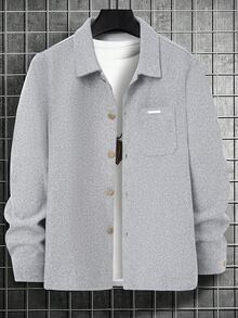 Manfinity Mode Men's Gray Casual Open Front Lapel Shirt Commuter Jacket Wool - Grey - View 3