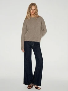 ATUI Studio Drop Shoulder Knit Sweater, Taupe Round Neck Regular Fit Pullover, 50 Wool Blend, Minimalism Casual Modern Effortless Chic Basics, Fall Winter Brunch - Khaki - View 2