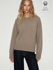 ATUI Studio Drop Shoulder Knit Sweater, Taupe Round Neck Regular Fit Pullover, 50 Wool Blend, Minimalism Casual Modern Effortless Chic Basics, Fall Winter Brunch - Khaki - View 1