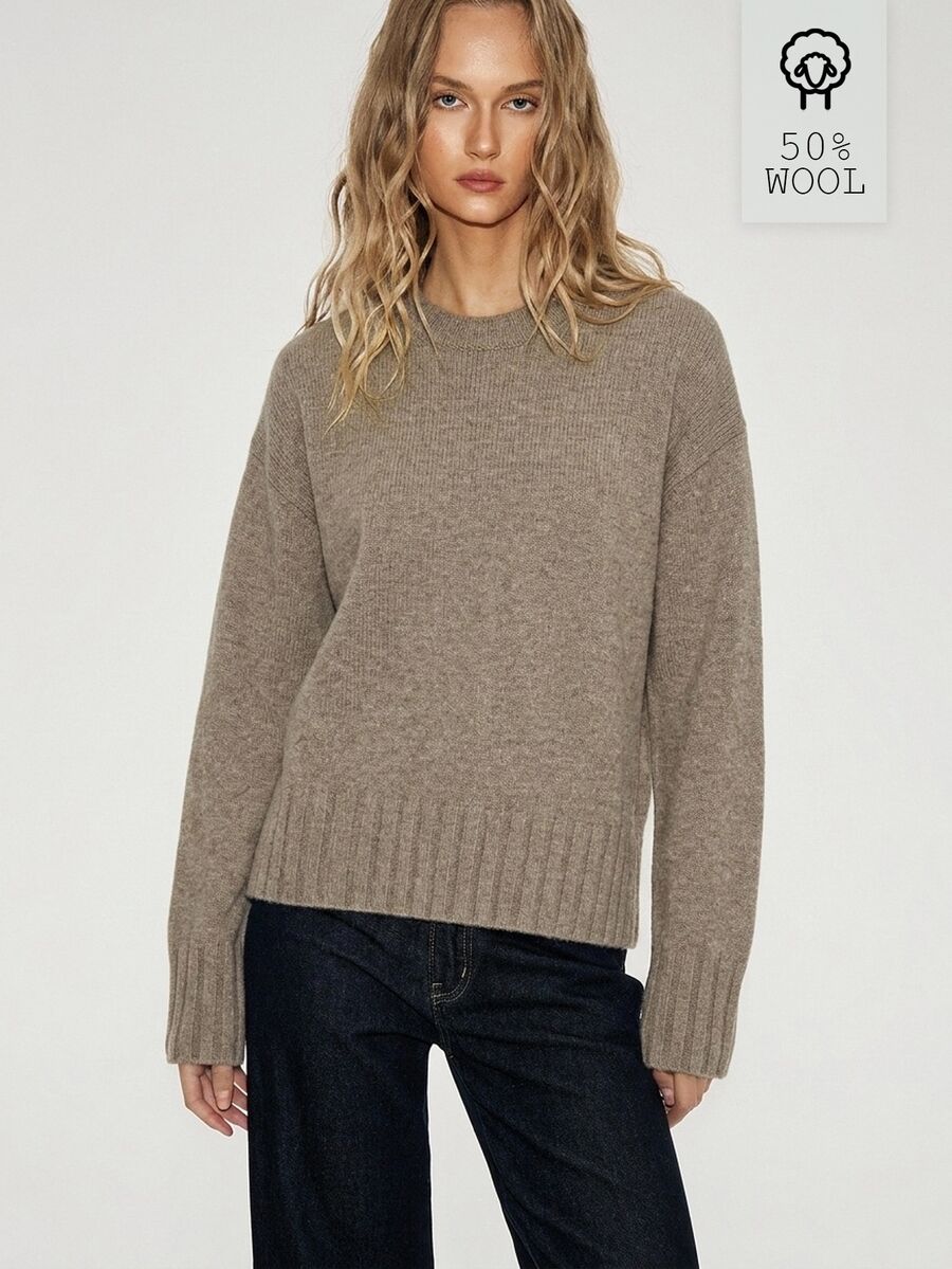 ATUI Studio Drop Shoulder Knit Sweater, Taupe Round Neck Regular Fit Pullover, 50 Wool Blend, Minimalism Casual Modern Effortless Chic Basics, Fall Winter Brunch - Khaki - View 1