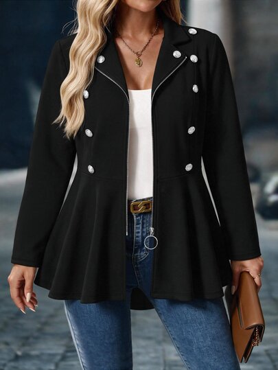 EMERY ROSE CURVE Plus Size Women's Autumn/Winter Knit Textured Solid Color Jacket With Small Blazer Collar, Metal Zipper And Decorative Button Design, Fan-Shaped Hem
