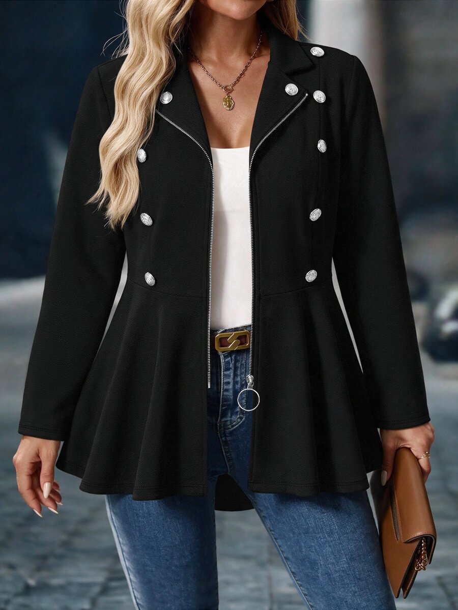 EMERY ROSE CURVE Plus Size Women's Autumn/Winter Knit Textured Solid Color Jacket With Small Blazer Collar, Metal Zipper And Decorative Button Design, Fan-Shaped Hem - Black - View 1