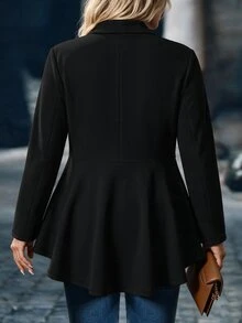 EMERY ROSE CURVE Plus Size Women's Autumn/Winter Knit Textured Solid Color Jacket With Small Blazer Collar, Metal Zipper And Decorative Button Design, Fan-Shaped Hem - Black - View 3