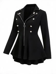 EMERY ROSE CURVE Plus Size Women's Autumn/Winter Knit Textured Solid Color Jacket With Small Blazer Collar, Metal Zipper And Decorative Button Design, Fan-Shaped Hem - Black - View 5