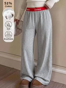 SHEIN Teen Girl High Elastic Waist Loose Wide Leg Sweatpants With Pockets, Versatile Grey Draped Athletic Long Pants For Campus - Grey - View 2
