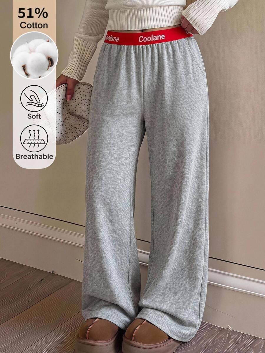 SHEIN Teen Girl High Elastic Waist Loose Wide Leg Sweatpants With Pockets, Versatile Grey Draped Athletic Long Pants For Campus