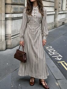 Flora Isola Flora Isola Women's Elegant Romantic Date Vacation Daily Commute Striped Small Stand Collar Chinese Frog Button Long Sleeve Ruched Waist A-Line Maxi Dress - Multicolor - View 5