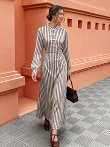 Flora Isola Flora Isola Women's Elegant Romantic Date Vacation Daily Commute Striped Small Stand Collar Chinese Frog Button Long Sleeve Ruched Waist A-Line Maxi Dress - Multicolor - View 3