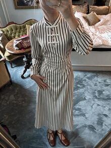 Flora Isola Flora Isola Women's Elegant Romantic Date Vacation Daily Commute Striped Small Stand Collar Chinese Frog Button Long Sleeve Ruched Waist A-Line Maxi Dress - Multicolor - View 6