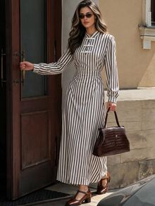 Flora Isola Flora Isola Women's Elegant Romantic Date Vacation Daily Commute Striped Small Stand Collar Chinese Frog Button Long Sleeve Ruched Waist A-Line Maxi Dress - Multicolor - View 1