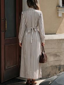 Flora Isola Flora Isola Women's Elegant Romantic Date Vacation Daily Commute Striped Small Stand Collar Chinese Frog Button Long Sleeve Ruched Waist A-Line Maxi Dress - Multicolor - View 2