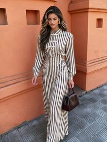 Flora Isola Flora Isola Women's Elegant Romantic Date Vacation Daily Commute Striped Small Stand Collar Chinese Frog Button Long Sleeve Ruched Waist A-Line Maxi Dress - Multicolor - View 4
