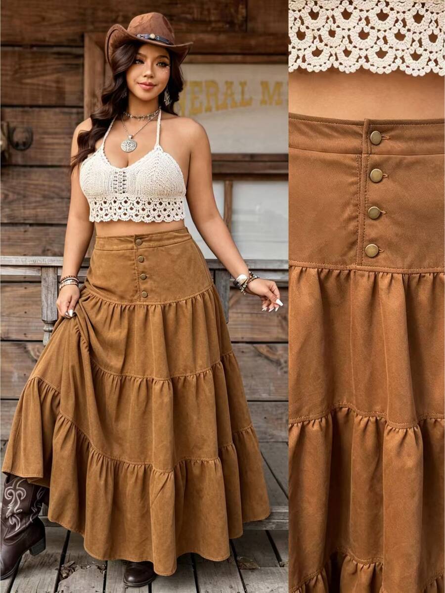 Nubod Plus Size French Casual Romantic Vacation Skirt - Brown - View 1