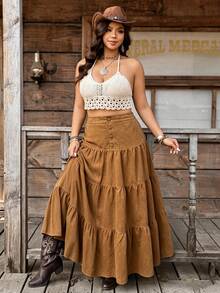 Nubod Plus Size French Casual Romantic Vacation Skirt - Brown - View 3