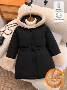 SHEIN 女童連帽羽絨外套 仿保暖內裡 扣環腰帶式大衣 黑色 加厚毛絨領 保暖外套 冬季秋季校園夾克 - 黑色 - 查看 5