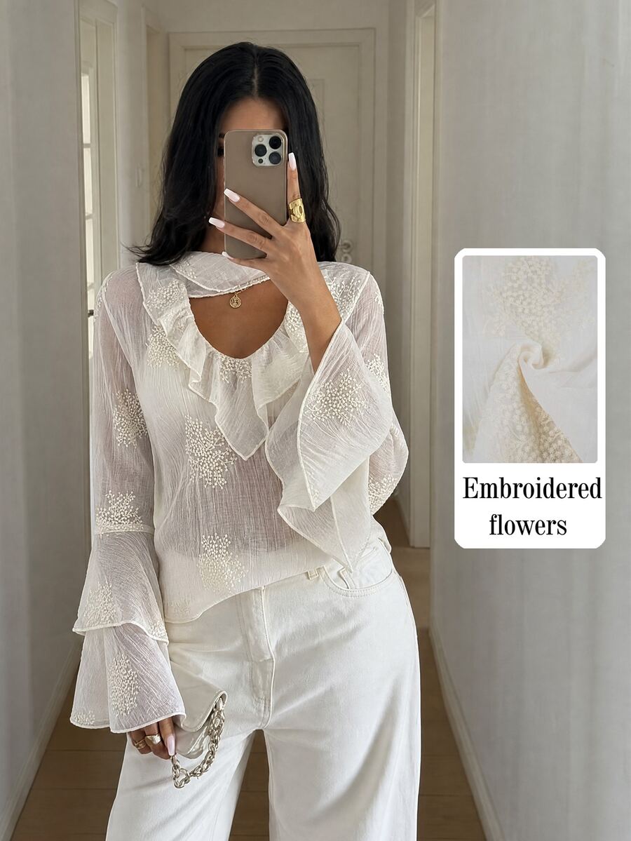 Allurite Women Ruffle V‑Neck Floral Embroidered Blouse Bell Long Sleeve Sheer Crinkled Cropped Top Fall Quiet Luxury Boho Casual Going‑Out Layered Blouse