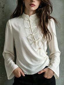 SHEIN 女款秋冬通勤休閒舒適新中式針織立領前片抽褶開襟盤扣喇叭袖上衣 - 杏色 - 查看 11