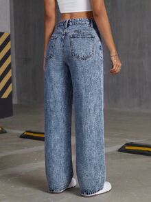 SHEIN PETITE Women's Pocket Distressed Straight Leg Loose Casual Versatile Denim Jeans - Dark Wash - View 2