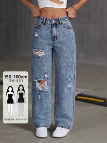 SHEIN PETITE Women's Pocket Distressed Straight Leg Loose Casual Versatile Denim Jeans - Dark Wash - View 1