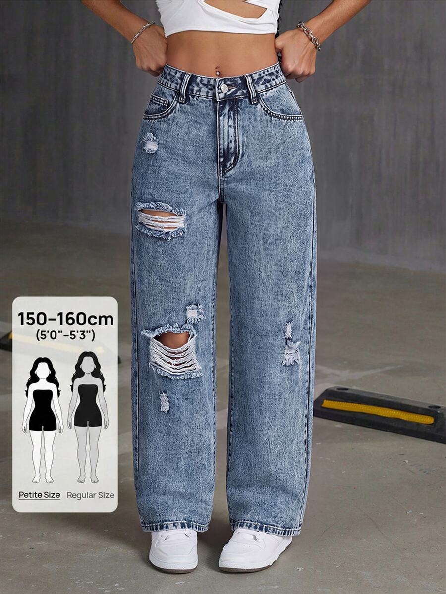 SHEIN PETITE Women's Pocket Distressed Straight Leg Loose Casual Versatile Denim Jeans - Dark Wash - View 1
