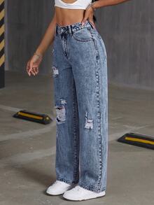 SHEIN PETITE Women's Pocket Distressed Straight Leg Loose Casual Versatile Denim Jeans - Dark Wash - View 5