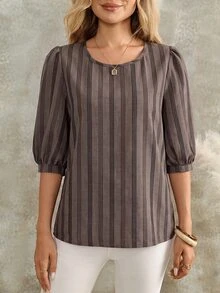 EMERY ROSE Blus Wanita Kasual Minimalis Leher Bulat Bergaris Lengan Kelopak - Coklat - View 4