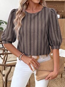 EMERY ROSE Blus Wanita Kasual Minimalis Leher Bulat Bergaris Lengan Kelopak - Coklat - View 1