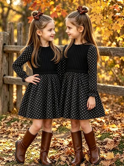 SHEIN Girls' New Vintage 2-Piece Style Sleeveless Dress, Knit Fabric Classic Round Neck Fitted Vest With Woven Fabric Patchwork, Black Base With White Polka Dot Pattern, Ruffled Bell Sleeve Cuffs, Flared A-Line Skirt, Elegant Lady Style, Suitable For Daily Wear, School, Outings, Vacations, Parties And Holidays In Autumn/Winter