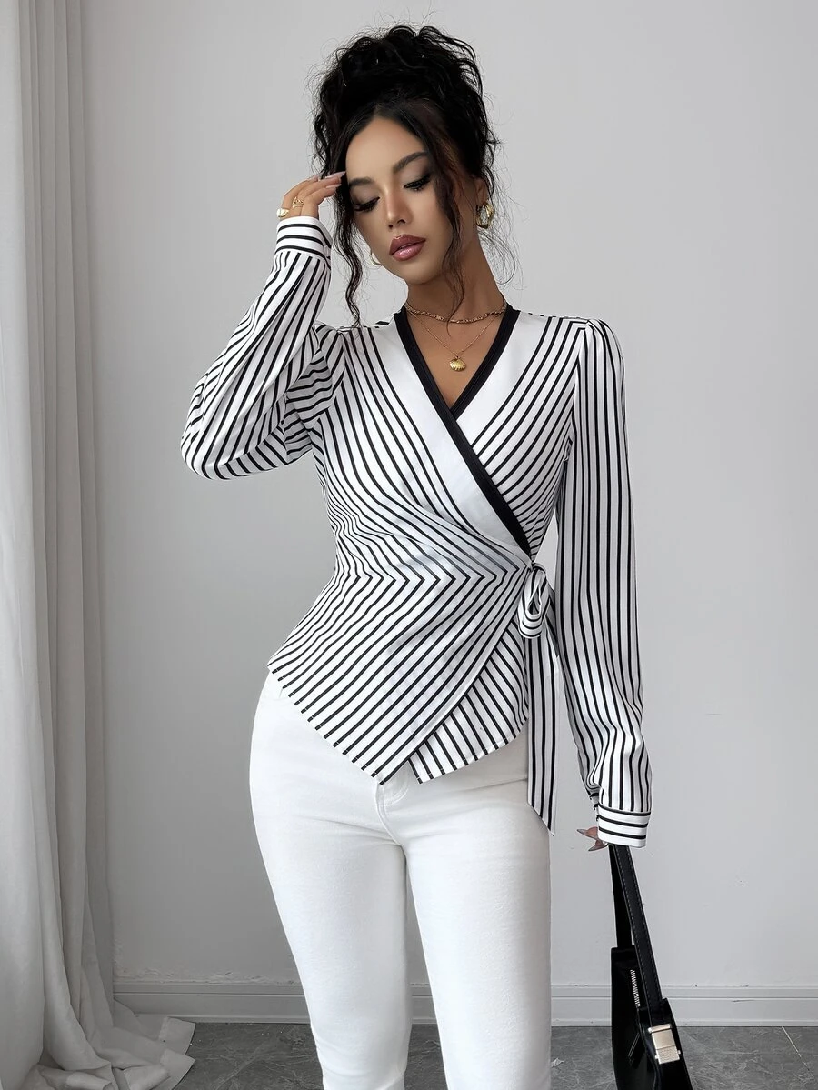 Elenzga French Elegant Casual V-Neck Digital Print Geometric Line Pattern Long Sleeve Asymmetrical Hem Waist Tie Bow Blouse Suitable For Office Brunch Autumn - Black and White - View 1