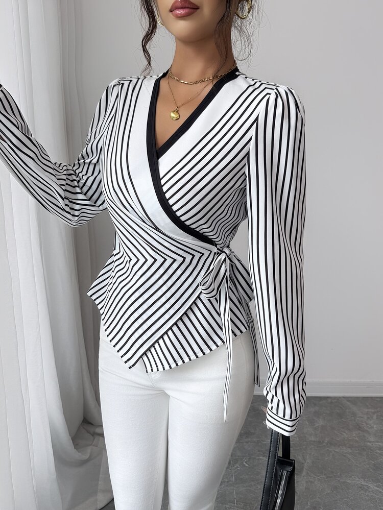 Elenzga French Elegant Casual V-Neck Digital Print Geometric Line Pattern Long Sleeve Asymmetrical Hem Waist Tie Bow Blouse Suitable For Office Brunch Autumn - Black and White - View 5