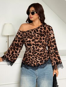 Vionelle Plus Size Asymmetrical Shoulder Leopard Print Contrast Lace Trim Long Sleeve Cinched Waist Tie Hem Vintage Sexy Elegant Women's Blouse Brown - Coffee Brown - View 4