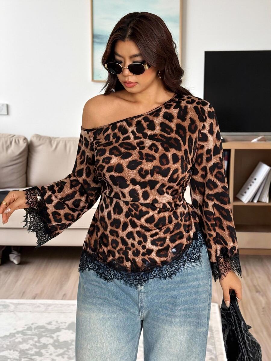 Vionelle Plus Size Asymmetrical Shoulder Leopard Print Contrast Lace Trim Long Sleeve Cinched Waist Tie Hem Vintage Sexy Elegant Women's Blouse Brown - Coffee Brown - View 1