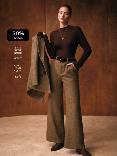 MOTF PREMIUM Pantalones elegantes de mujer con patrón de espiga y cinturón