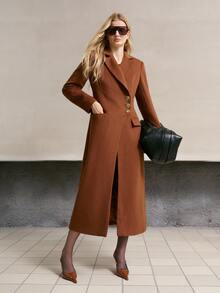 MOTF PREMIUM ELEGANT ASYMMETRIC PLACKET ASYMMETRICAL METAL BUTTON DECOR WOOL BLEND MID-LENGTH COAT, AUTUMN/WINTER - Brown - View 6