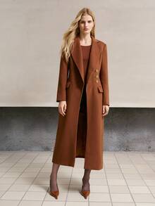 MOTF PREMIUM ELEGANT ASYMMETRIC PLACKET ASYMMETRICAL METAL BUTTON DECOR WOOL BLEND MID-LENGTH COAT, AUTUMN/WINTER - Brown - View 4