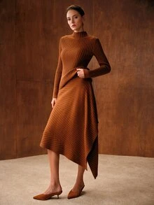 MOTF PREMIUM ELEGANT ASYMMETRIC SKIRT & PULLOVER SWEATER 2 PIECES SET - Khaki - View 5
