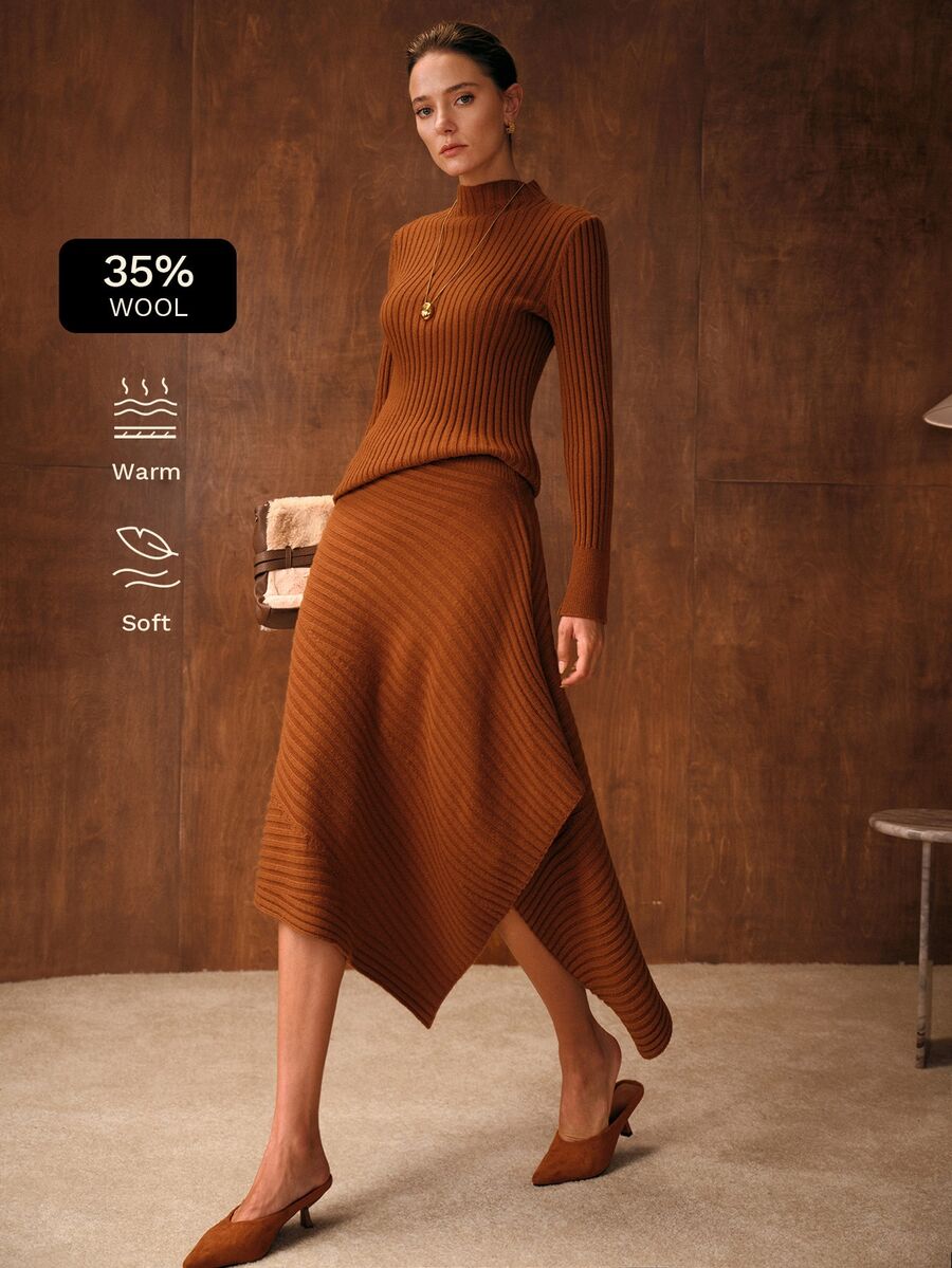 MOTF PREMIUM ELEGANT ASYMMETRIC SKIRT & PULLOVER SWEATER 2 PIECES SET - Khaki - View 1