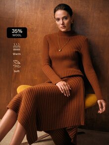 MOTF PREMIUM ELEGANT ASYMMETRIC SKIRT & PULLOVER SWEATER 2 PIECES SET - Khaki - View 7