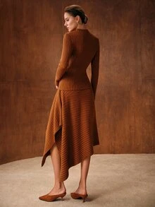 MOTF PREMIUM ELEGANT ASYMMETRIC SKIRT & PULLOVER SWEATER 2 PIECES SET - Khaki - View 3