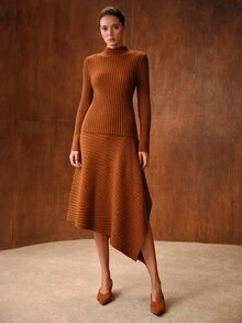 MOTF PREMIUM ELEGANT ASYMMETRIC SKIRT & PULLOVER SWEATER 2 PIECES SET - Khaki - View 4